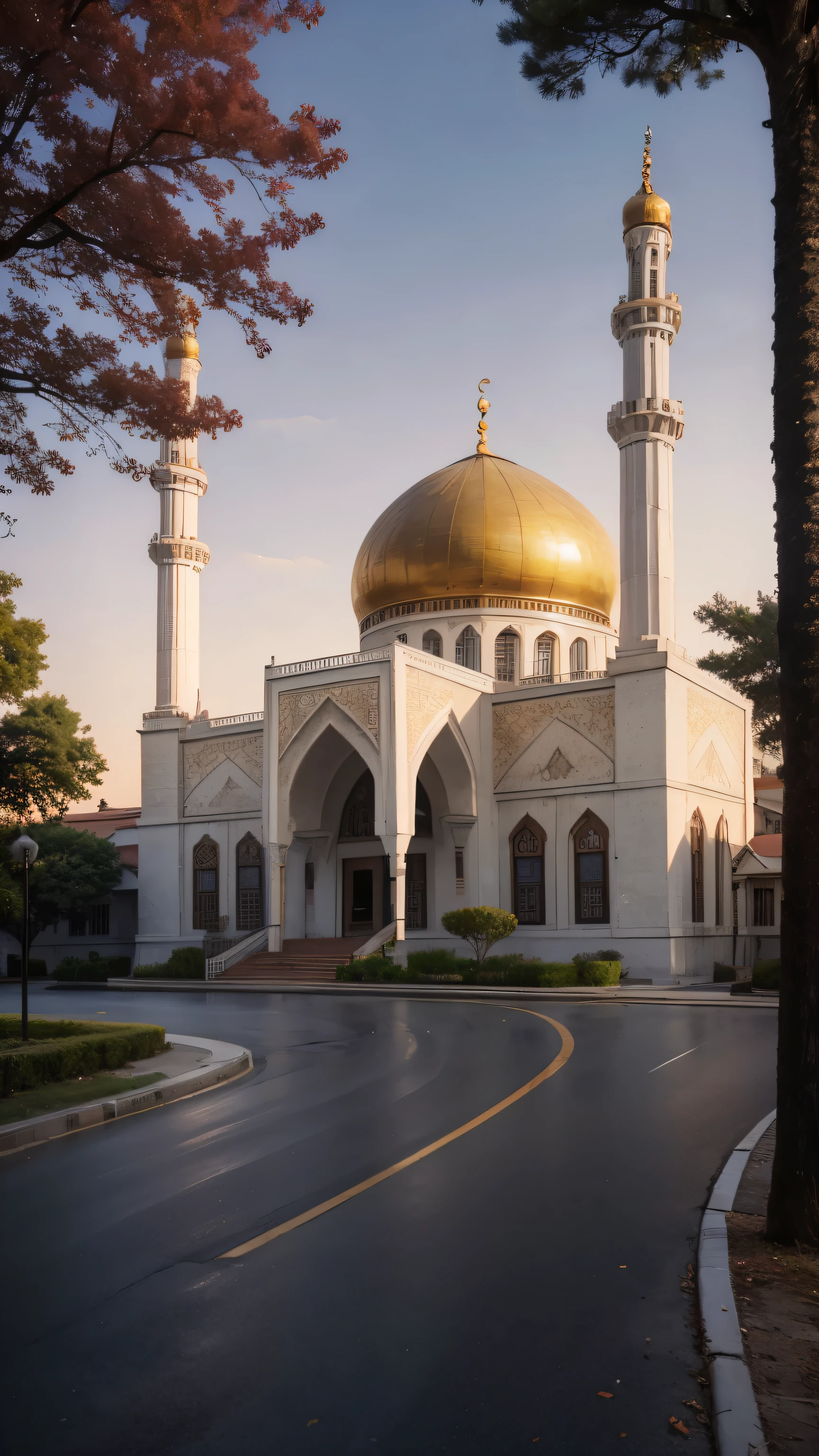 Mosque, beautiful mosque exterior, tress, golden sky, sun set, (((sexy))), tress, bright