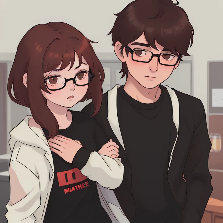 Girl between brown and reddish hair without glasses hugging a black-haired boy with glasses, ambos de piel blanca