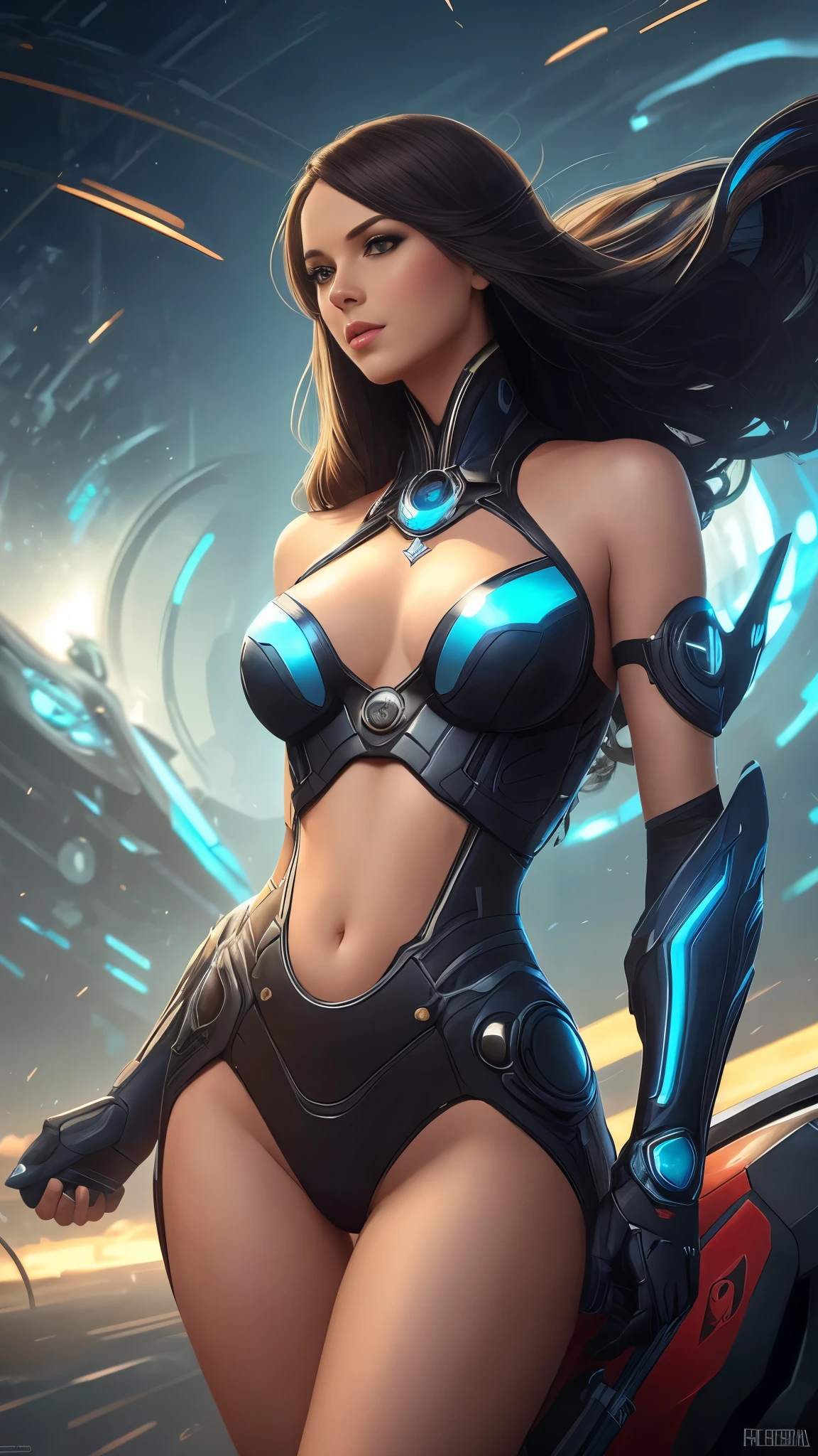 Magnificent artificial intelligence, Beautiful woman with robotic body, hiper-realista, cinematic angle, blue neon blurred background, circuitos aparentes, vibrante, detalhado, trends on Artstation. por Peter Mohrbacher, por Wlop, por Ruanjia, por Alphonse Mucha, por Dmitry Prozorov, por Norman Rockwell,