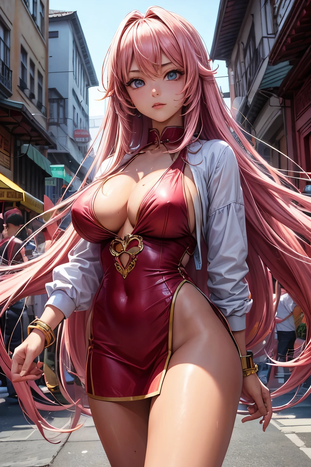 ((best quality)), ((masterpiece)), (detailed), perfect face, girl with very tanned skin, long pink hair, is standing in Chinatown in the middle of the crowd. The image depicts Chinatown in details of its unique architecture and atmosphere. The crowd around is blurred so the girl is highlighted. Sharp shades and vivid bright. thick outlines. the textures should be differentiated and very notable. the fabric of her clothing should be in realistic texture. High resolution and extremely detailed.
