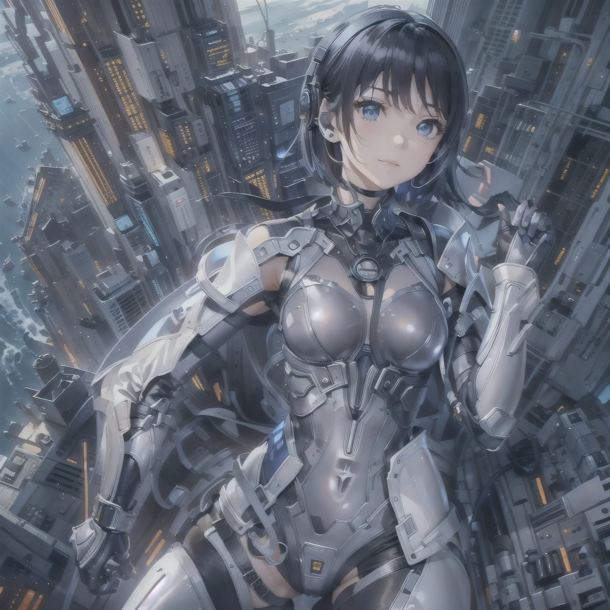 (masterpiece、highest quality、Highest Resolution、Clear_image、Detailed details、Angle from above): (Whole body、One 20 year old girl、Japanese Faces、Small Face、Slender、Navy blue super short bob cut hair、(Hidden small breasts:1.3)、Sparkling blue eyes、Shiny pilot suit in blue and black colors、Chest protection armor、Tight fitting clothes、Clothing that covers the whole body、Glamorous clothes、Tight Fit Pants、Hide your skin、Very delicate and beautiful、Detailed Skin、hide thighs、Hide your ass、Cute、A gentle smile、Soft expression、heroine、headset、Knee-high boots、Elbow-length gloves、Eye Level Shot、Face directly、Woman on a spaceship)