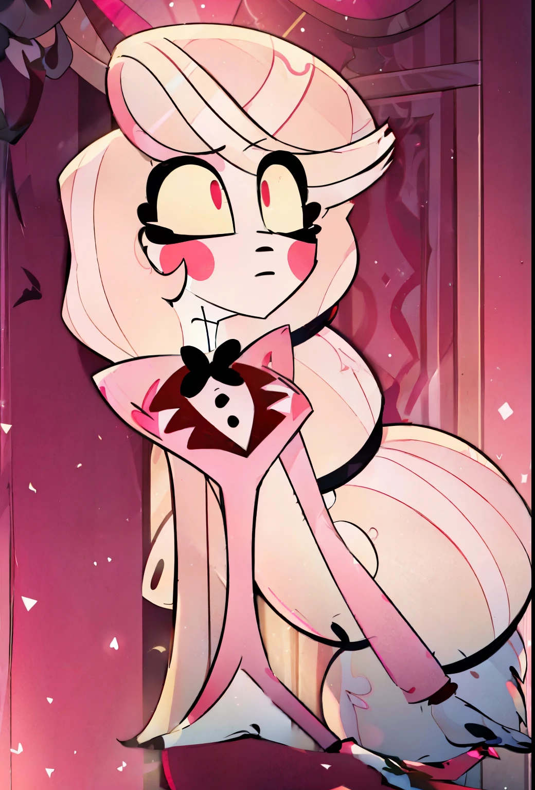 Angel dust from hazbin hotel, 1 girl, solo, masterpiece, best quality, illustration, pretty eyes, sparkling eyes, sweet expression, Good shapes, perfect lines, perfect lineart, professional, good, cute, dinamic pose, (long light pink suit-blazer with horizontal white stripes down the length, a grey miniskirt, and long grey thigh-high heeled boots. 4 arms, ling cerise pink gloves with white detailing at the cuffs, long white gloves, grey bowtie with a cerise pink center and a black choker, sfw