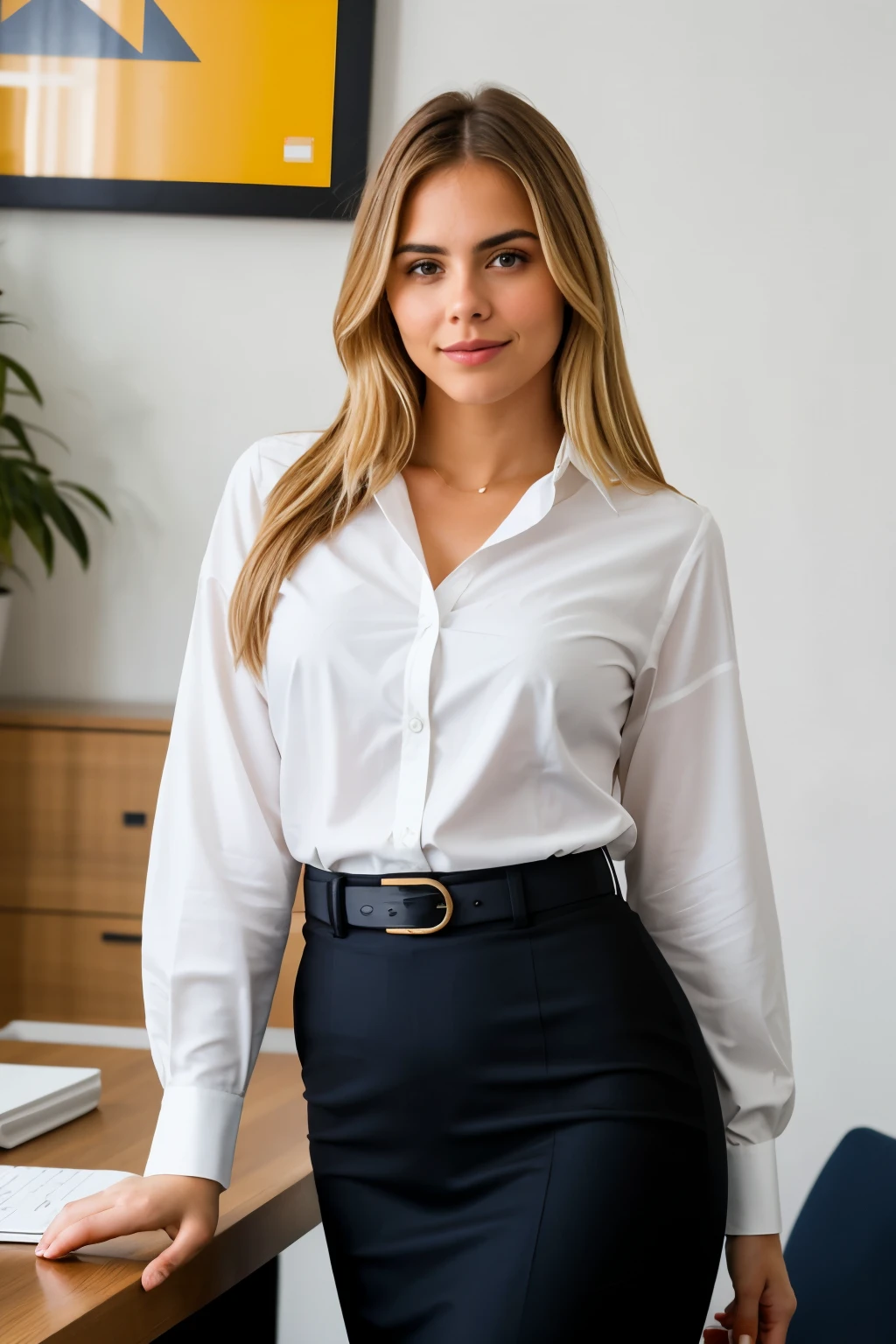 creates a woman of approximately 28 years old, joven, bellisima, rubia, cara perfecta de profesion realtor en una oficina inmobiliaria, mirando a camara dando un mensaje de presentacion, asistente y muy bonita algo sexy 
