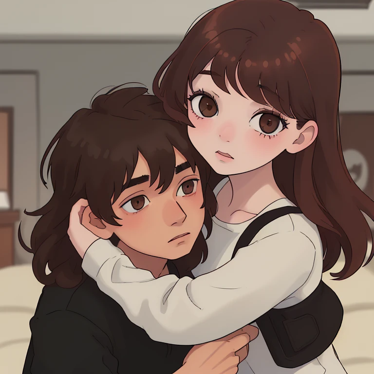Girl with brown-reddish hair hugging a black-haired boy, ambos de piel blanca