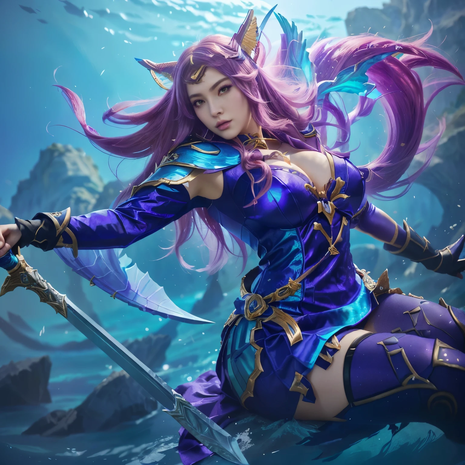 a close up of a person with a sword and a purple dress, style league of legends, league of legends character, seraphine ahri kda, mobile legends, queen of the sea mu yanling, wild rift, ig model | artgerm, irelia, style of league of legends, portrait of mermaid warrior, extremely detailed artgerm