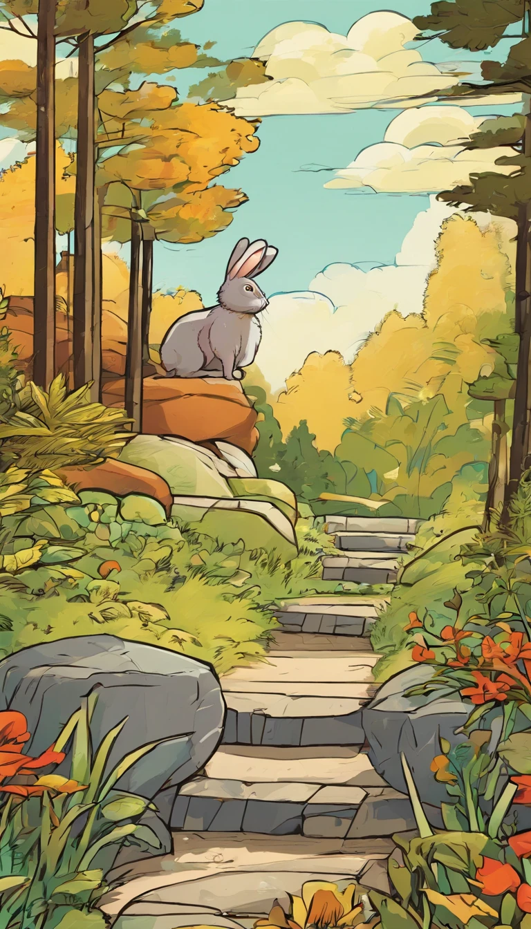 rabbit,outdoors,scenery,forest,plant,bush,house,stone,leaf,
