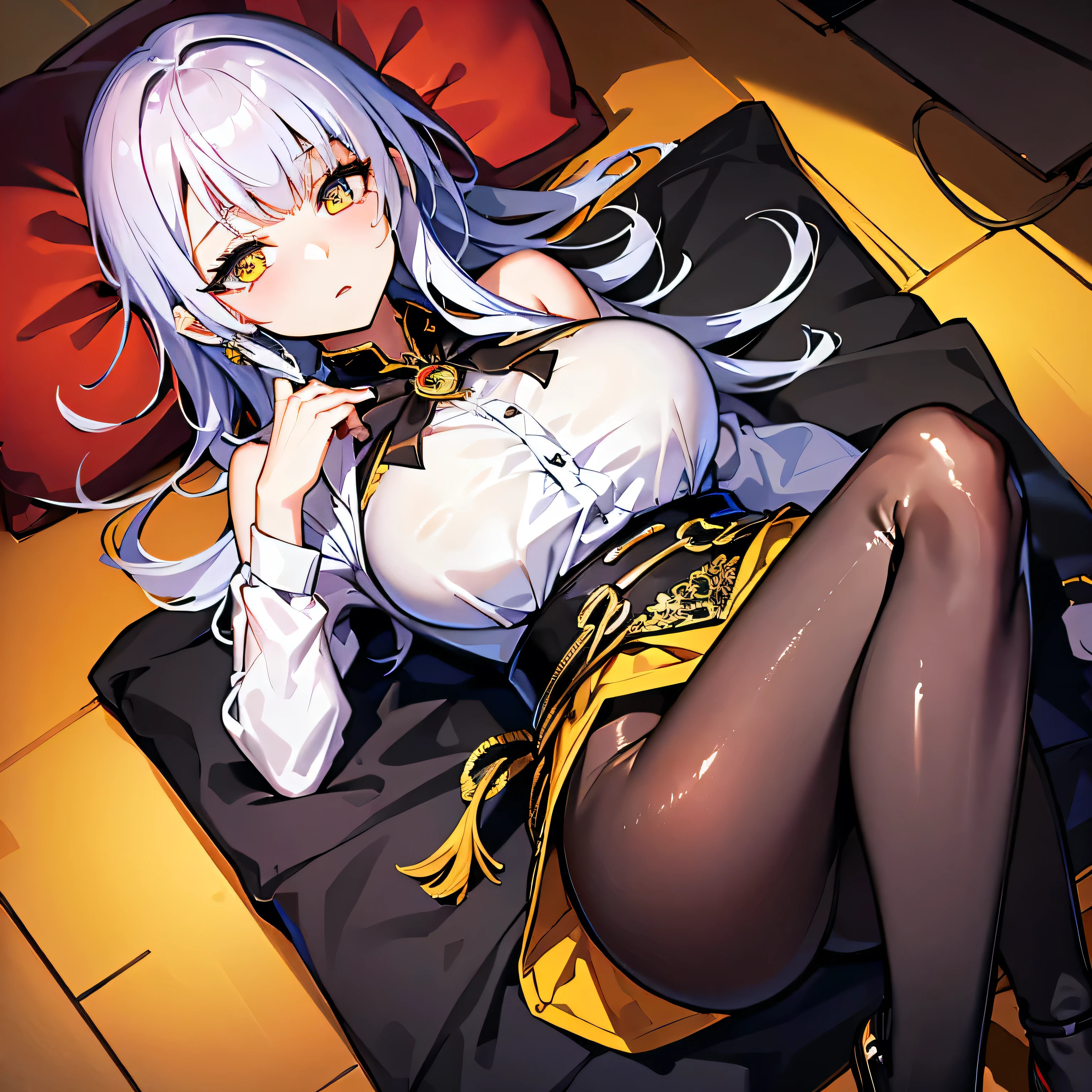 (Very detailed CG Unity 8k wallpaper)、(masterpiece)、(highest quality)、(Very detailed)、(Best illustrations)、(Best Shadow)、alone、One Girl、Yellow Eyes、Big Eyes、Big Breasts、Luxurious earrings、shirt、White shirt、black tights、evening、Lying in bed、whole body、Long Hair、Shiny skin、Shiny texture
