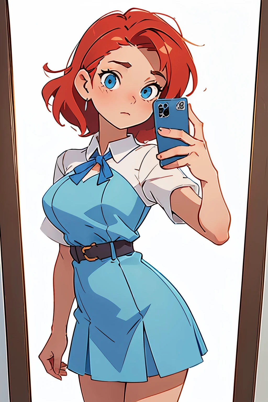 selfie, (masterpiece, best quality:1.2),beautiful and asethetic, masterpiece, white background, plain background, best quality, drawing of a chest up of a young woman wearing a modern blue short dress, large breasts, medium red hair and blue eyes, character taking a mirror selfie, saturated colors