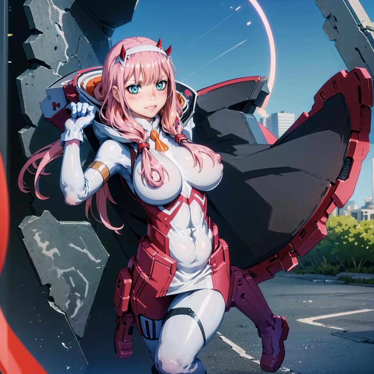 masterpiece, best quality, IncrsLowTier, electricity, glowing eyes zerotwo horns, hairband, necktie, red dress, pantyhose horns, hairband, red bodysuit, armlet, mecha horns, hairband, white bodysuit, white gloves, cap, red dress, white gloves, jacket on shoulders, pantyhose, cyber_armor body_suit,huge_breast, tall female, fulll body, sun light, smile,, sun aura,, boots, standing, smile, lips, red lips, fangs, sharpteeth,,{best quality}, {amazing quality} {best quality},{amazing quality},, {absurdres},{{highres}}, {very aesthetic}, {detailed}, curvy, tall, huge breast, character focus, white background,full-length portrait,, huge hips, huge muscles, huge thighs, curvaceous, venus figure,