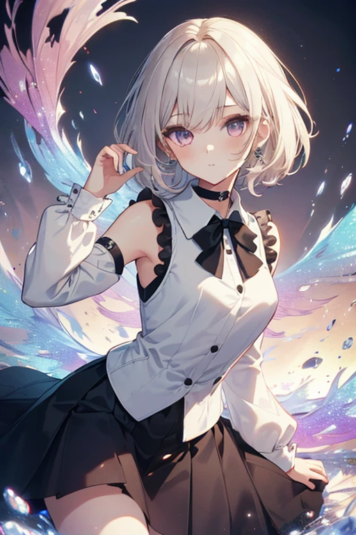 1girl, Sleeveless white buttoned shirt, Black skirt, Black Choker, cute little, (Kpop Idle), (attractiveness:1), (Platinum Blonde Hair:0.8), ((Puffy eyes)), tenderness, Irridescent color, (background: Rainbow), Look at the viewer, Facing the front, pose, (Delicate images), (Highly detailed), (high resolution), (Best quality), (masterpiece)

