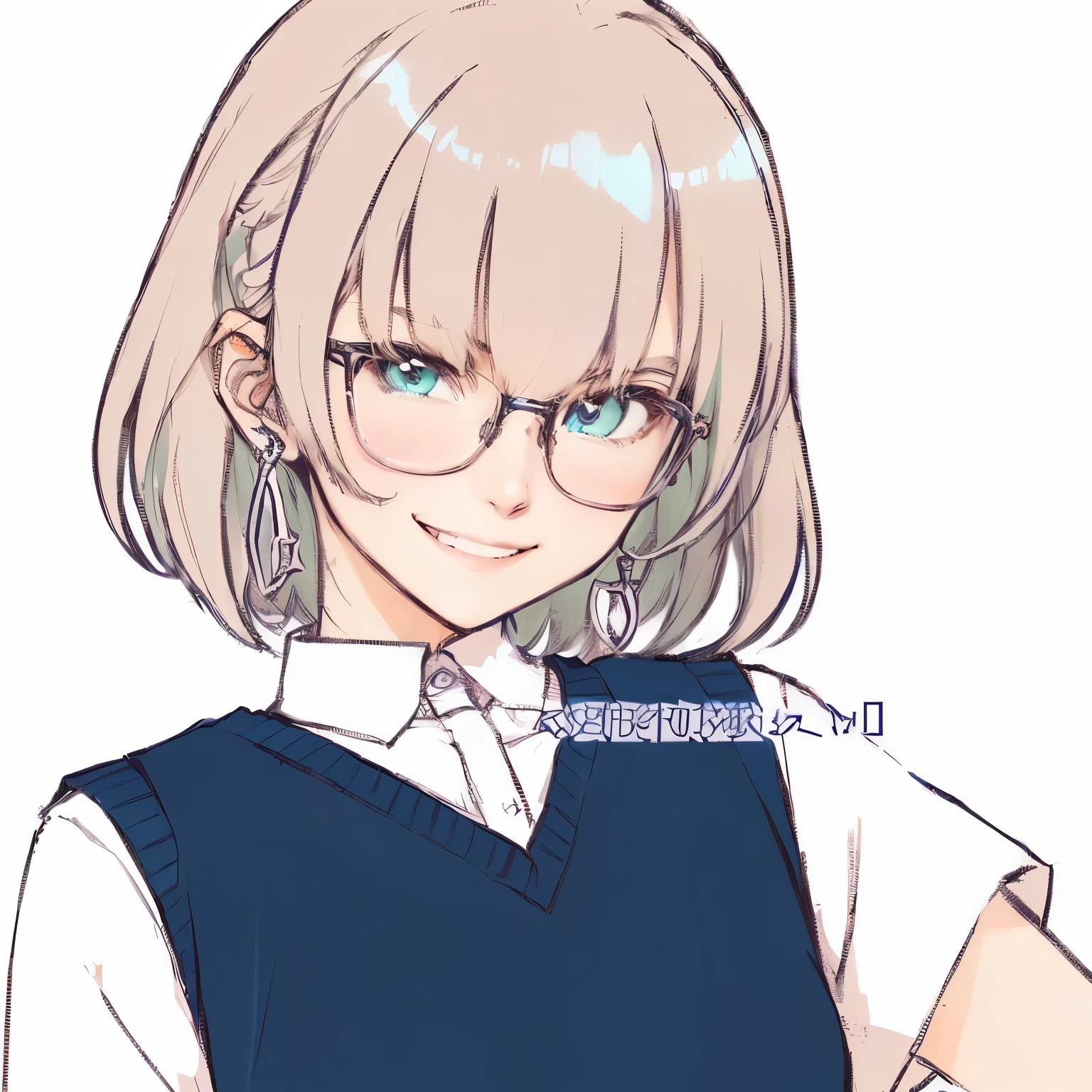 a girl with glasses and a blue vest, grinning, inspired by Okumura Togyu, trigger anime artstyle, kentaro miura art style, nagito komaeda, kentaro miura manga art style