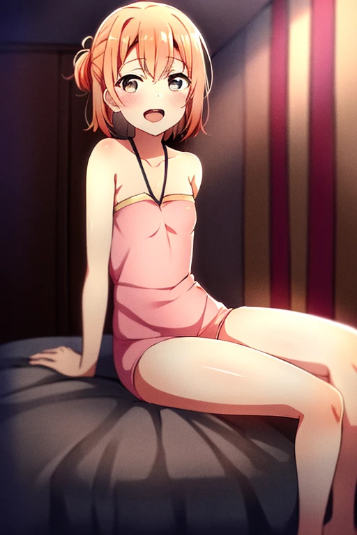 ((highest quality)), ((masterpiece)), (be familiar with), Perfect Face, indoor, Bedroom, Watching the audience,
One woman, Yuigahama Yui,
Open Mouth, Ecstatic expression, blush, smile,
Small breasts, Flat Chest, Young Girl, , , Girl,
Short Hair, Salmon-colored hair, Salmon-colored eyes, Side Pony,
Leg spread,