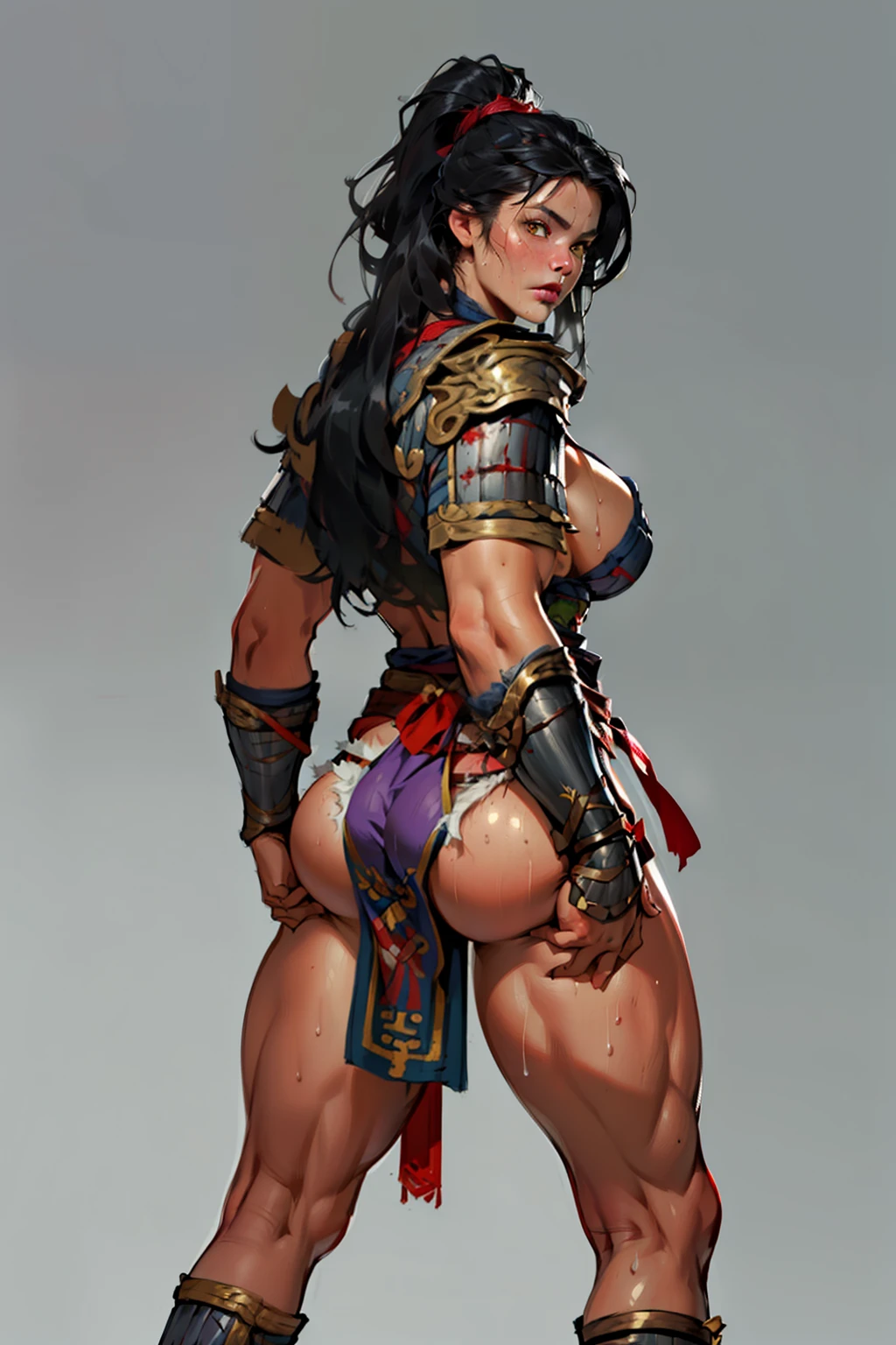 (high resolution, pixel perfect, realistic, gorgeous illustrations), (hyper quality, muste piece, etheric: 1.4), (((1girl))), ((((black skin)))), clothed, (((((((Buttlift))))))), (((((((stand,open legs))))))), tattoo, mature woman, cool atmosphere, black hair, ((((very long hair)))), ((Exquisite face)), (angry), ((yellow eyes)), (((((((muscular))))))), ((thick thighs)), (((wide ))), (( that are about to burst)), fighter, (((woman))), ((((wh_chi_armor)))),  ((loincloth)), ((((loincloth)))), (shiny skin), ((((gleaming skin)))), (((sweat))), simple background,