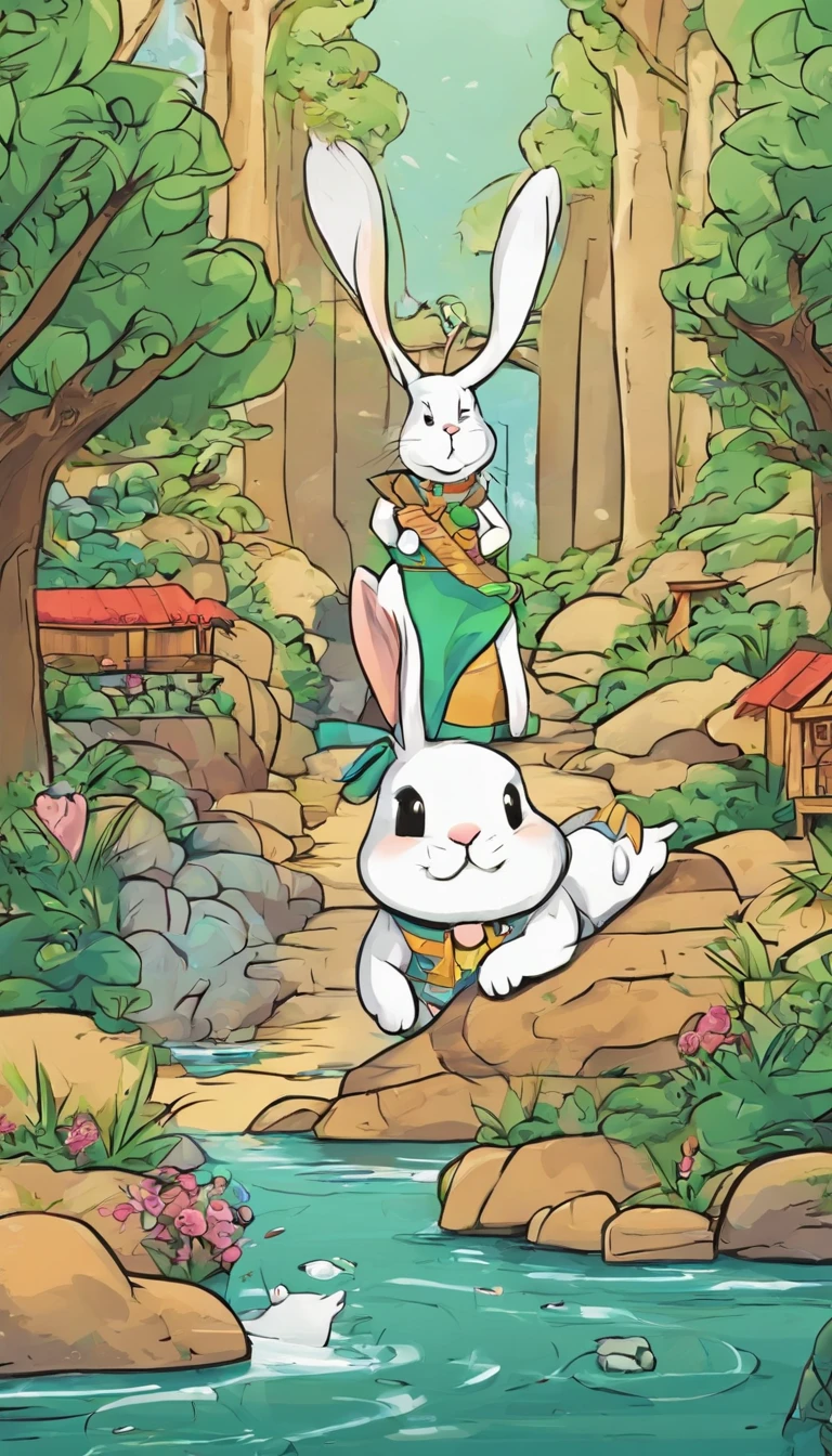 rabbit,play,river,outdoors,house,stone,leaf,scenery,forest,plant,bush,