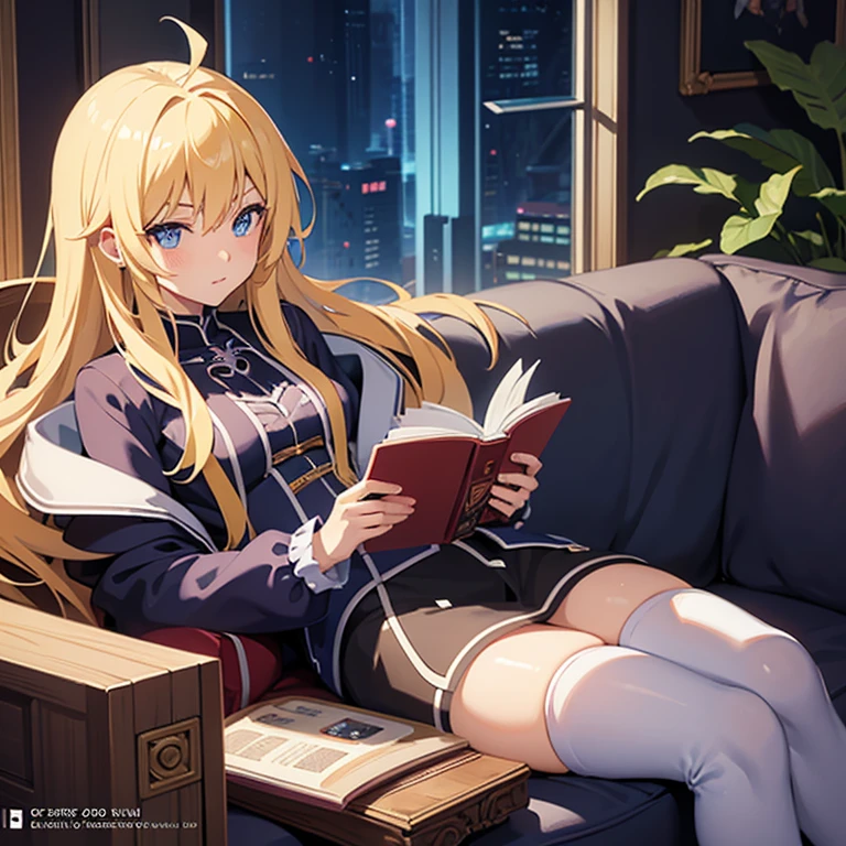 Cartoon character sitting on a sofa reading a book and looking at the camera, Epic light novel art cover, epic Light novel cover, Light novel cover, isekai, Artbook artwork, Naughty anime style, Visual novel cg, Visual novel key visual, Naughty, ; Visual novel, Alchemist Girl, Anime Girls, zerochan art, Visual novel