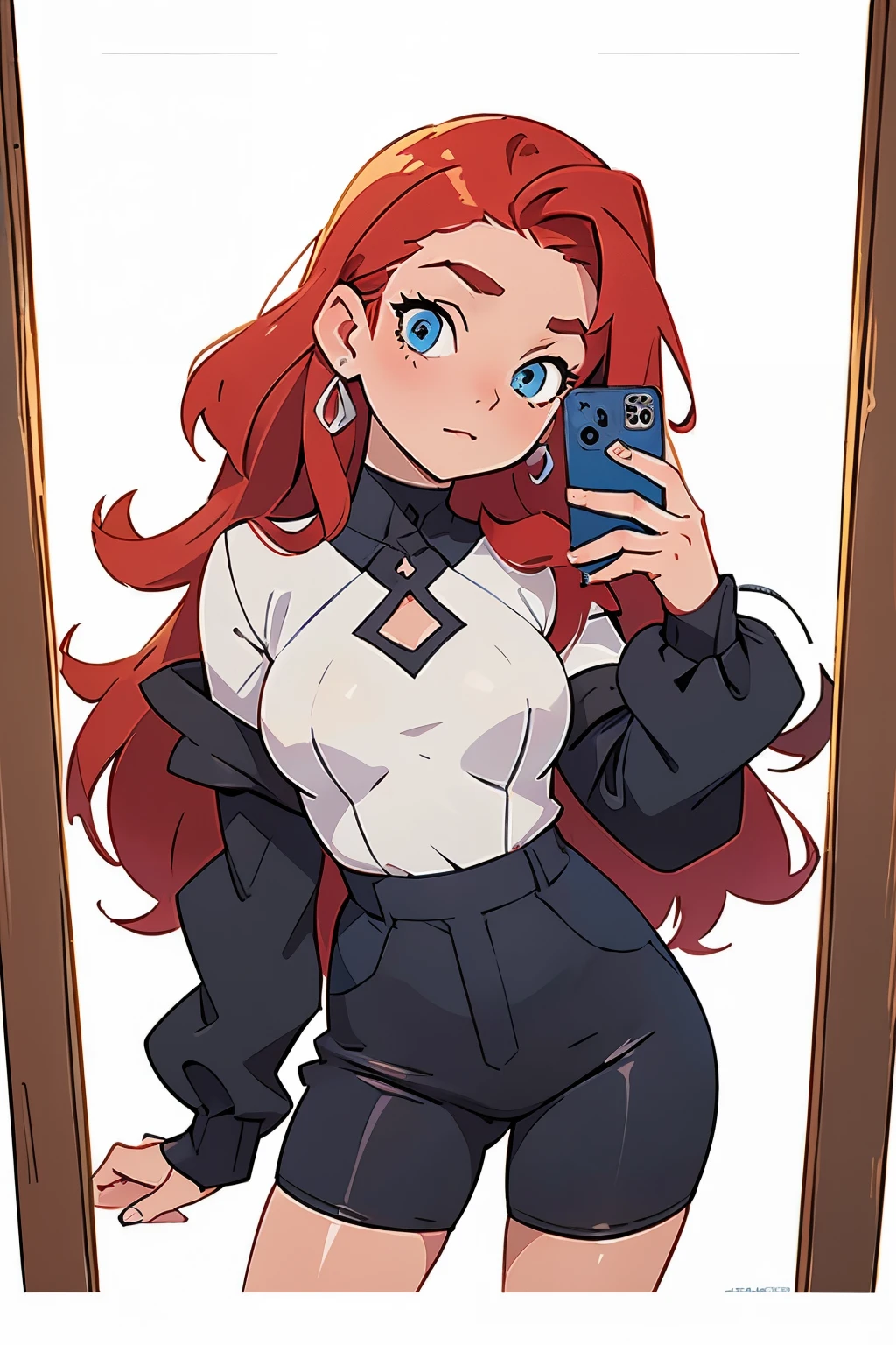 selfie, (masterpiece, best quality:1.2),beautiful and asethetic, masterpiece, white background, plain background, best quality, drawing of a chest up of a young woman wearing a modern black romper, large breasts, medium red hair and blue eyes, character taking a mirror selfie, saturated colors