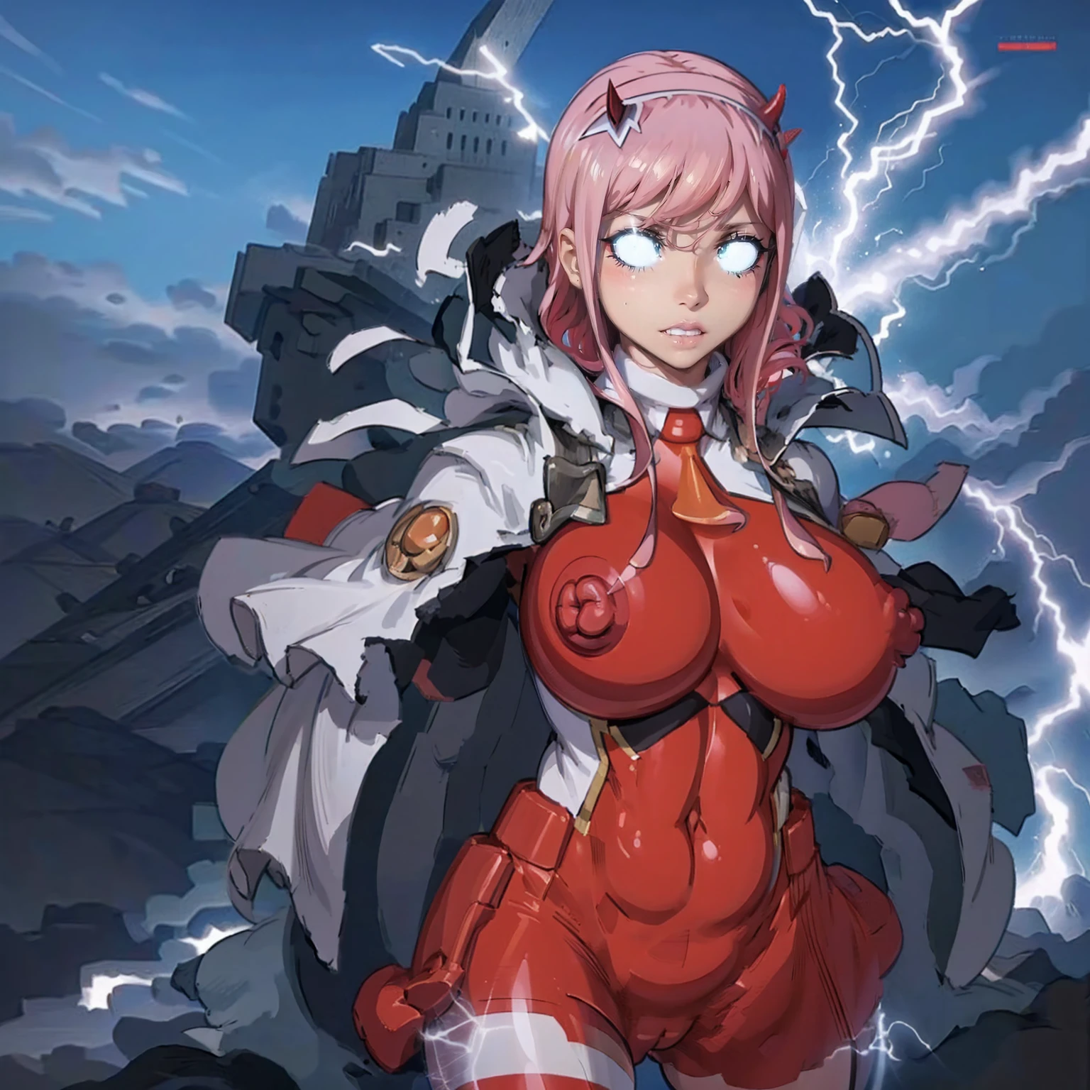 masterpiece, best quality, IncrsLowTier, electricity, glowing eyes zerotwo horns, hairband, necktie, red dress, pantyhose horns, hairband, red bodysuit, armlet, mecha horns, hairband, white bodysuit, white gloves, cap, red dress, white gloves, jacket on shoulders, pantyhose, cyber_armor body_suit,huge_breast, tall female, fulll body, sun light, smile,, sun aura,, boots, standing, smile, lips, red lips, fangs, sharpteeth,,{best quality}, {amazing quality} {best quality},{amazing quality},, {absurdres},{{highres}}, {very aesthetic}, {detailed}, curvy, tall, huge breast, character focus, white background,full-length portrait,, huge hips, huge muscles, huge thighs, curvaceous, venus figure,pink hair