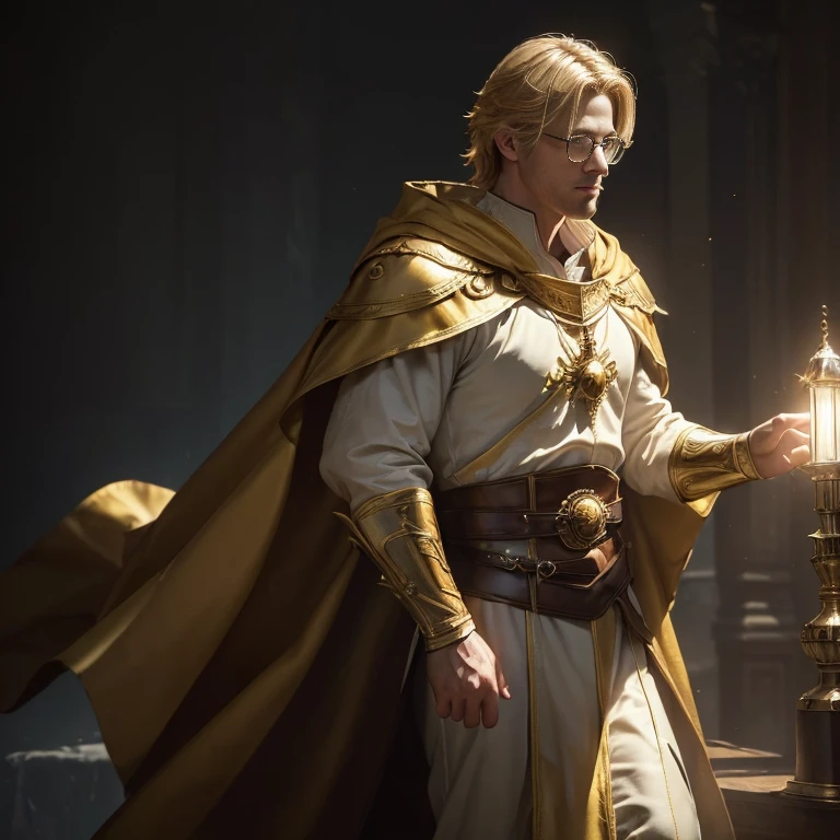 (master piece:1.5), (best quality:1.5), (exquisite lighting and shadow, highly dramatic picture, cinematic lens effect) (Photorealistic picture) (Card game image) 8k, wallpaper, dynamic pose, full body blond male cleric with yellow tunic with brown cape, glasses, ethereal lighting, sharp focus, highly detailed, realistic, cinematic lighting, studio quality
