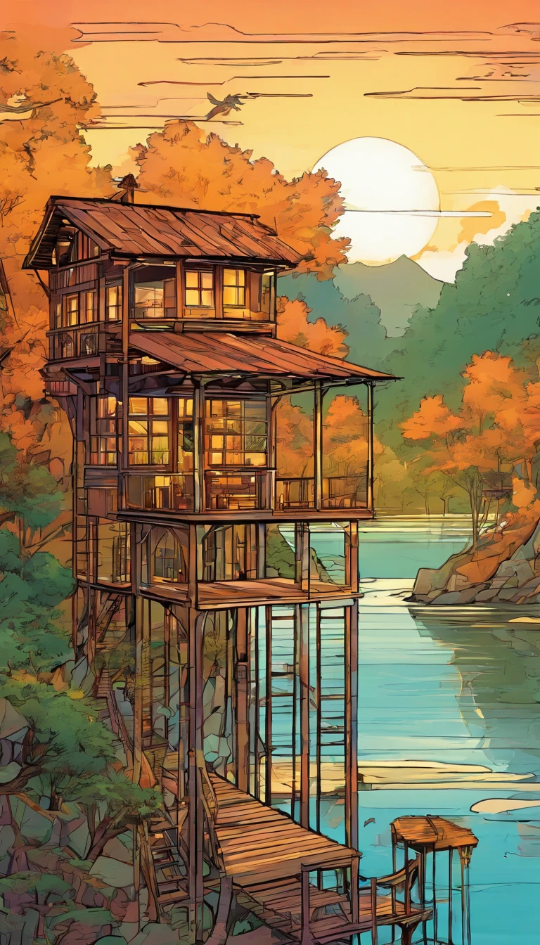 fantasy,modern treehouse,sunset,forest,river,sunlight,birds,warm colors,glowing windows,bamboo,wooden structures,reflective water,idyllic,serenity,twilight,greenery,