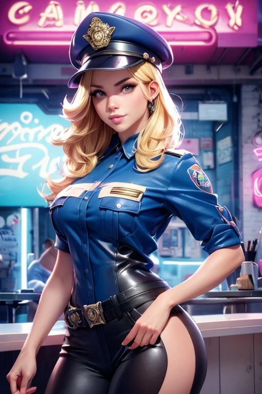 A new york policewoman in a cap and uniform and blonde hair posing in front of donuts, Background, In chic boho style, in a café, Ice cream print, multi-colored neon lights, neon garlands, blonde hair, mixed-language_SMS, Japanese graffiti, (beautiful and clear background:1.2),, fantastic paintings ,graffit style, olhos altamente detalhados , lace, latex, blonde girl, Cat Print, tattoo, Loving, Love, ultra detailed hair, Masterpiece, Best Quality, hig quality, high-resolution, detail enhancement, ((most beautiful image in the world)), Masterpiece, Best Quality, hig quality, high-resolution, detail enhancement, ((most beautiful image ), Shiny blonde degrade hair, ultra short fitted Stampa Flores, Rollers, tights in a mesh, blue police uniform, art by stjepan sejic, art by j scott campbell, art by guillem march, art by citemer liu, 4k, high-resolution, comic book character, comic, high quality detailed, style of ::2.0 comix illustration style,tatoon style, hig quality, high-resolution, detail enhancement, 8K, HD, Best Quality, hig quality, high-resolution, detail enhancement, 8K, HDR, Sharp focus, Ultra Detailed, Perfect lighting, Curvy Body, Lush breasts, Curvy hips