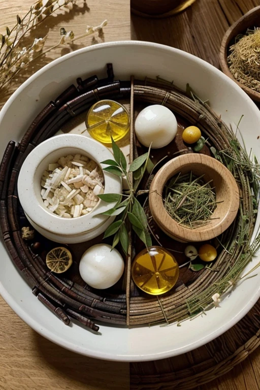 imagen de una yin-yang con hierbas medicinales chinas y un acupunturista en el fondo