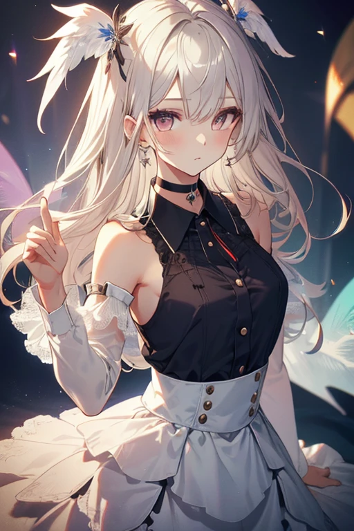 1girl, Sleeveless buttoned shirt, skirt, Black Choker, cute little, (Kpop Idle), (attractiveness:1), (Platinum Blonde Hair:0.8), ((Puffy eyes)), tenderness, Irridescent color, Rainbow, Look at the viewer, pose, (Delicate images), (Highly detailed), (high resolution), (Best quality), (masterpiece)

