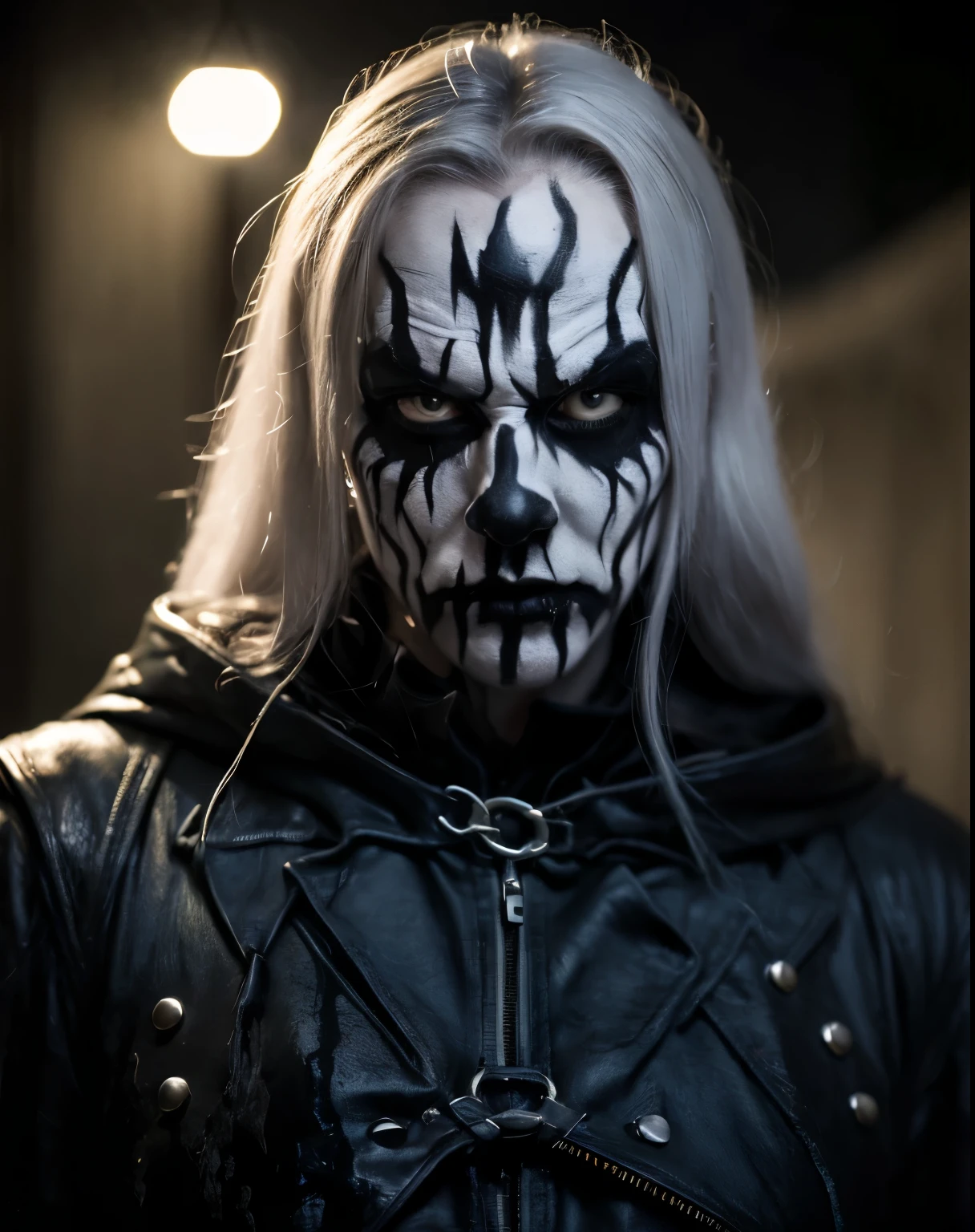 (masterpiece, best quality:1.2), (((1man, male))) , solo, highres, best quality, Half body shot of a strong Man, pale white skin angry man with (((black metal corpsy paint))), ((Angry face)) , heavy White and Black face paint, wearing a black overcoat, spike, in a gothic cemitery, at night, horror movie. high details, super detail, textured skin, masterpiece, UHD, 4K, 8k. ((Cinematic lighting)). Gothic cemitery background 