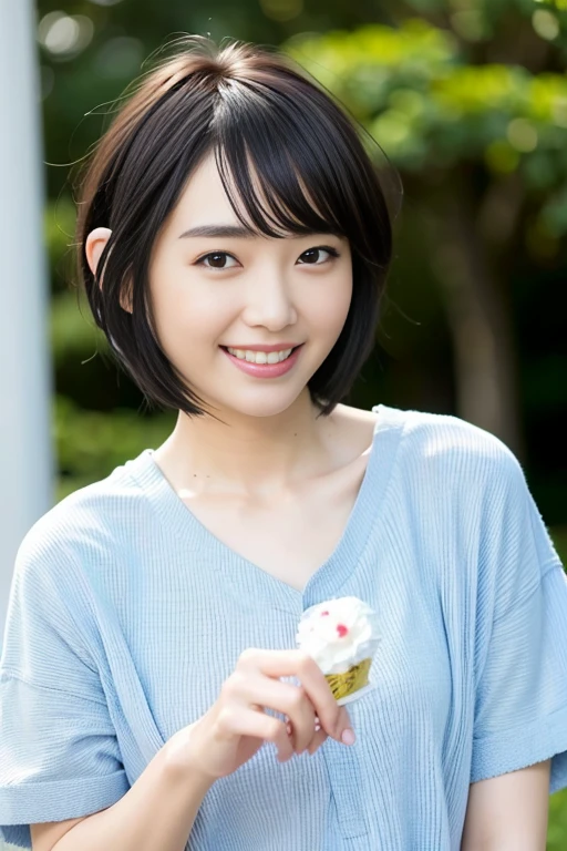 highest quality, masterpiece, Ultra-high resolution, (Realistic: 1.4), RAW Photos, 1 girl, The Beauty of Japan, Beautiful Skin, Black Hair: 1.7, Gakki, (((short hair: 1.5)), 30 years old, Laugh happily: 1.2,