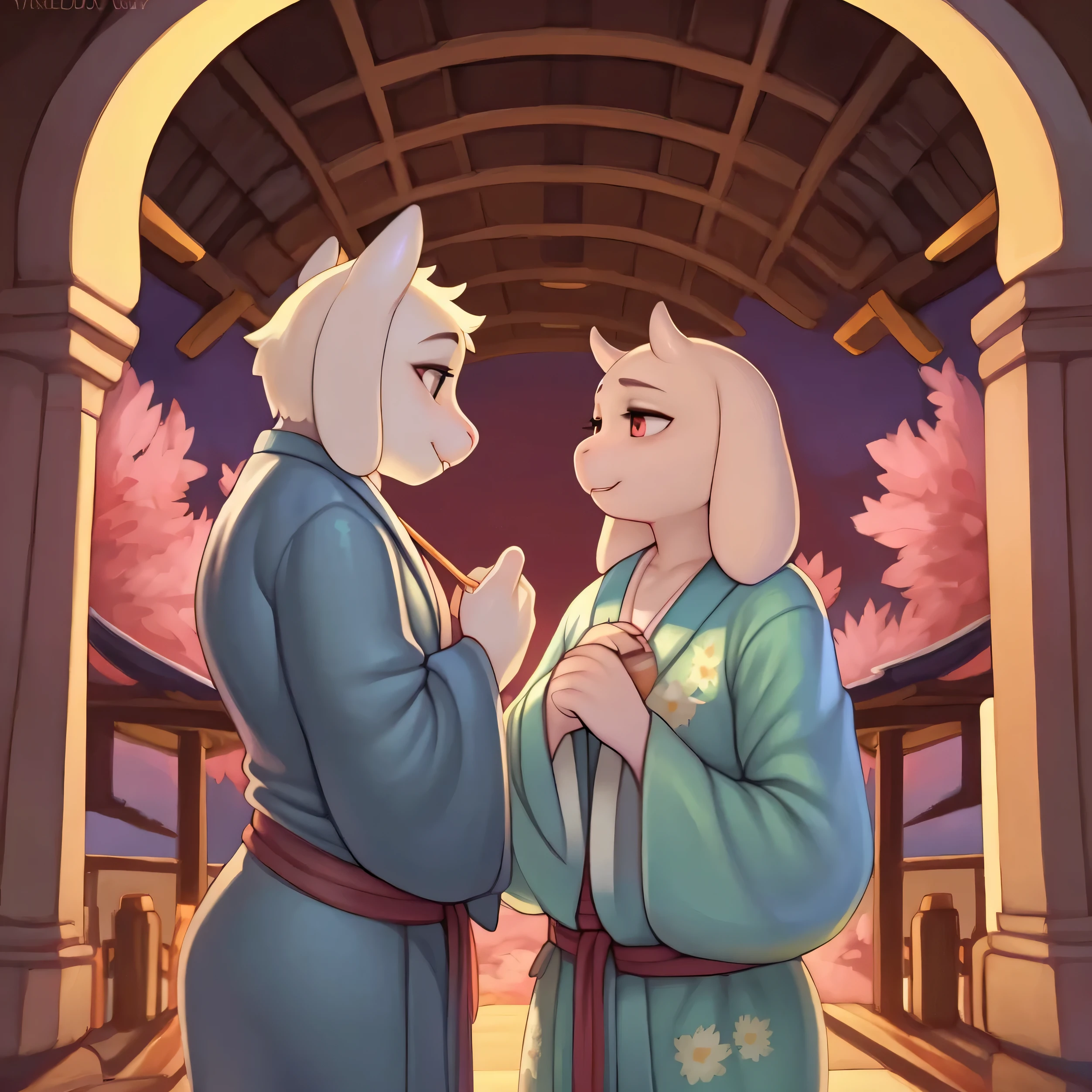 By chelodoy, Toriel, yukata, sakura, sunset, Japanese house on the background