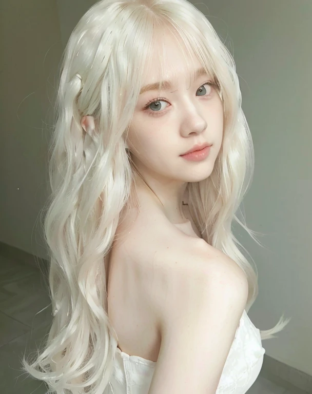 Un primer plano de una mujer con el pelo largo y rubio platinado con ondas y un vestido blanco, pelo largo y blanco y flequillo, chica anime rubia con pelo largo, peinado de corte hime blanco, con el pelo largo y blanco, linda cara de anime natural, con pelo largo y blanco, chica con pelo blanco, chica anime joven realista, ulzzang, pelo largo y rubio y ojos grandes, white skin pale porcelain an yujin de ive, miembro de ive Anh Yujin, rizos blancos y largos