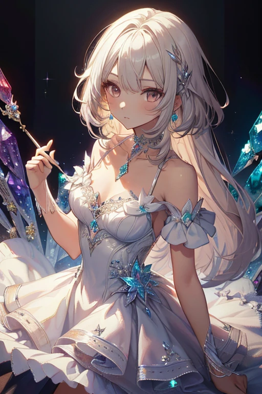 1girl, wearing a dress made of crystals, Choker, cute little, (Kpop Idle), (attractiveness:1), (Platinum Blonde Hair:0.8), ((Puffy eyes)), tenderness, Irridescent color, edgCrystal, Rainbow, Look at the viewer, pose, (Methodological Painting:1.3), (Highly detailed), (high resolution), (Best quality), (masterpiece)