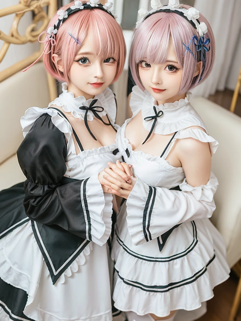 (8K, Photorealistic, Raw photo, of the highest quality: 1.3), (1girl in), Super beautiful, (Realistic face), (boyish, pink Color Berry Shorthair), Beautiful , Glare that captivates the viewer, Beautiful expression, Beautiful breasts, (Realistic skin), Be...Create a detailed and colorful image of Ram and Rem from Re:Zero, standing back-to-back in their maid outfits, with a magical fantasy background、14years old, two girls,cute, perfect face, beautiful, nice body, gothic lolita clothes, gothic lolita fashion, frilly skirt, headdress, necklace, bracelet, knee-high socks, boots, double eyelids, tear bags, Detailed down to the fingers, photo-like description, indoors, dim indoor lighting, one girl is pink hair and short bob, another girl is light blue hair and short bob,standing,whole body, composition that shows the whole body, smiling,The Both of them are wearing the same type of maid outfit,Optimal ratio of 4 fingers and 1 thumb,arms crossed