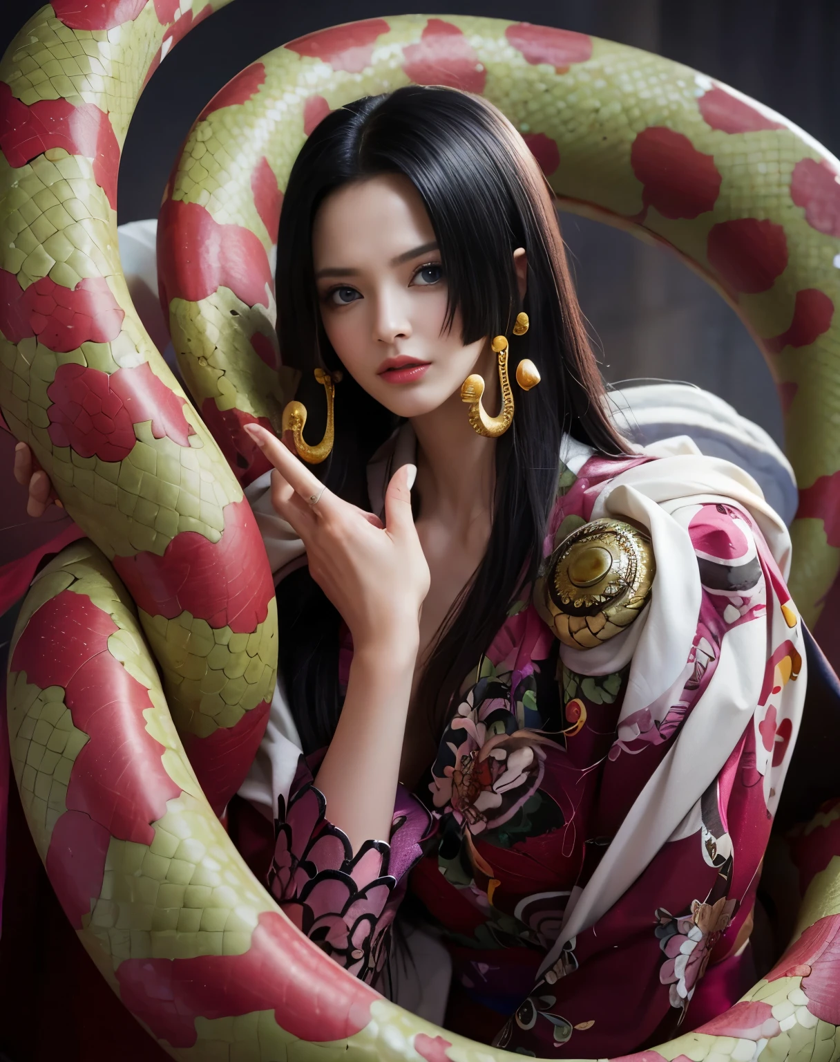 （（（masterpiece+highest quality+High resolution+Hyper Detail））），Boa Hancock，snake，long, silky black hair，High nose bridge，Sharp Eye，A noble and inviolable character，（（[woman]：1.2+[美しいwoman]：1.2+Long black hair：1.2）），snake background，Shining Eyes，Dynamic angles and beautifully posed hands，Real snake