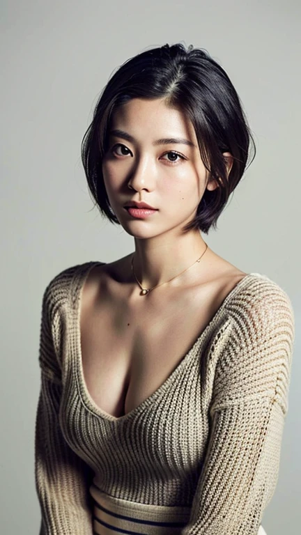 (highest quality, 8k, 32k, masterpiece, Ultra-high resolution:1.2),Beautiful Japanese Women Photos, Large Breasts, Very short bob hair,Upper Body,Face Focus,Extra Large_sweater, necklace, Simple Background, From above, View your viewers,