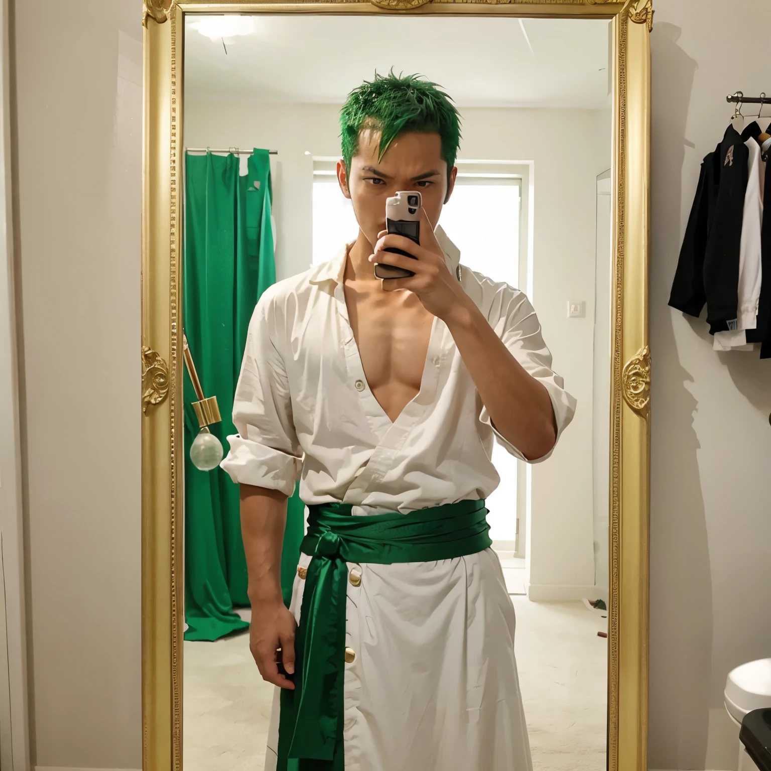 Cosplay anime zoro taking photo in front of the mirror 