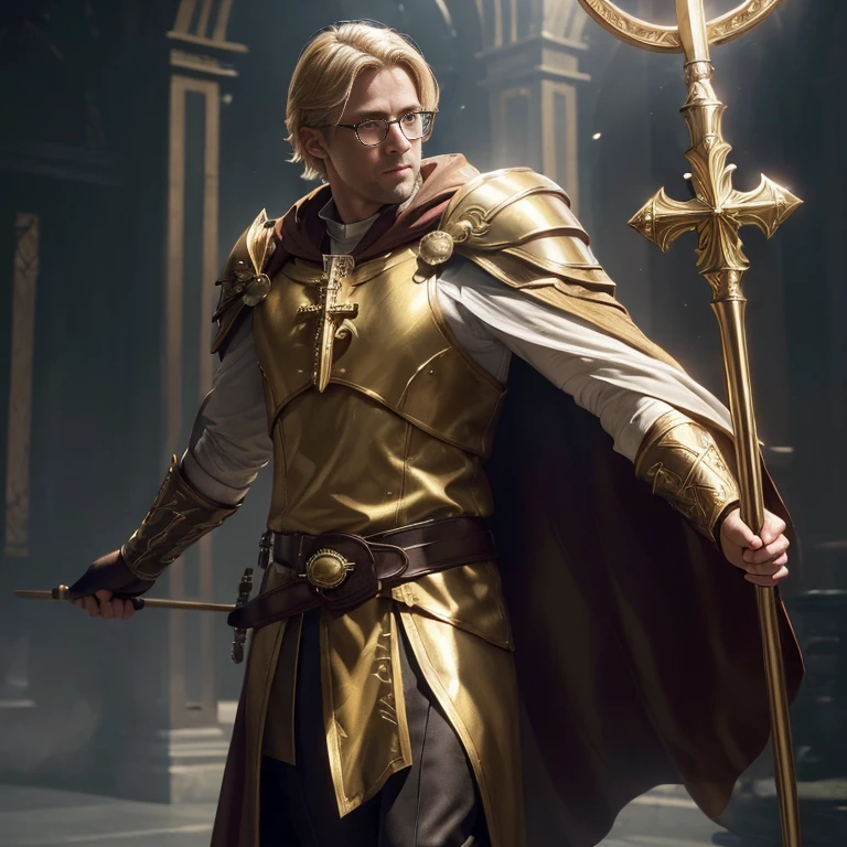 (master piece:1.5), (best quality:1.5), (exquisite lighting and shadow, highly dramatic picture, cinematic lens effect) (Photorealistic picture) (Card game image) 8k, wallpaper, dynamic pose, full body very short blond hair male cleric with yellow tunic with brown cape, wood cross staff, glasses, ethereal lighting, sharp focus, highly detailed, realistic, cinematic lighting, studio quality