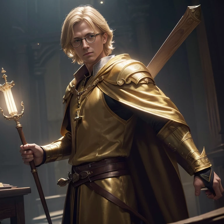 (master piece:1.5), (best quality:1.5), (exquisite lighting and shadow, highly dramatic picture, cinematic lens effect) (Photorealistic picture) (Card game image) 8k, wallpaper, dynamic pose, full body very short blond hair male cleric with yellow tunic with brown cape, wood cross staff, glasses, ethereal lighting, sharp focus, highly detailed, realistic, cinematic lighting, studio quality