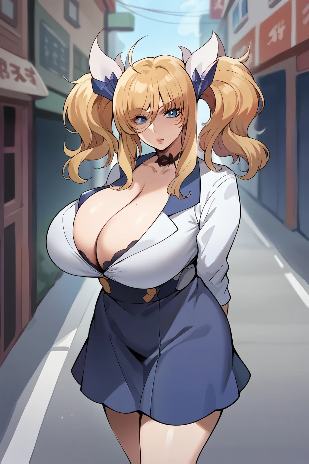 score_9, score_8_up, score_7_up, score_6_up, source_anime, BREAK 1girl, onizaki kirara, blonde hair, twintails, hair ornament, (black skirt suit), skirt, street, looking at you, (cleavage), large breasts, mature woman