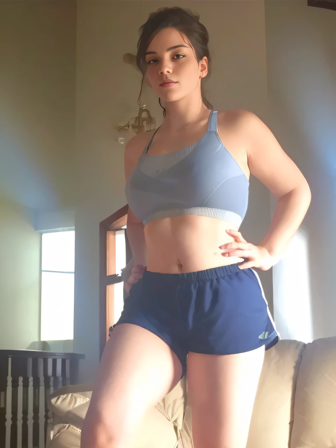 there is a woman standing on a couch in a room, sport bra and dark blue shorts, sport bra and shorts, fit pic, middle shot waist up, half body cropping, in shorts, physical : tinyest midriff ever, belly exposed, middle body shot, exposed thighs!!!, exposed midriff, waist - shot, her belly button is exposed