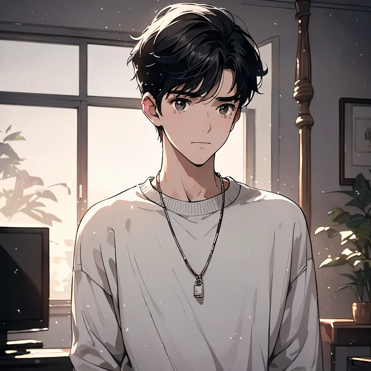 A black hair,18-year-old man in white sweater,Standing with my back to the living room of the house,,Sad expression,Laugh and cry,Tears(Upper body display:1.5)(cinematic lighting:1.5))(ultra-high detail:1.5)(best quality:1.5)