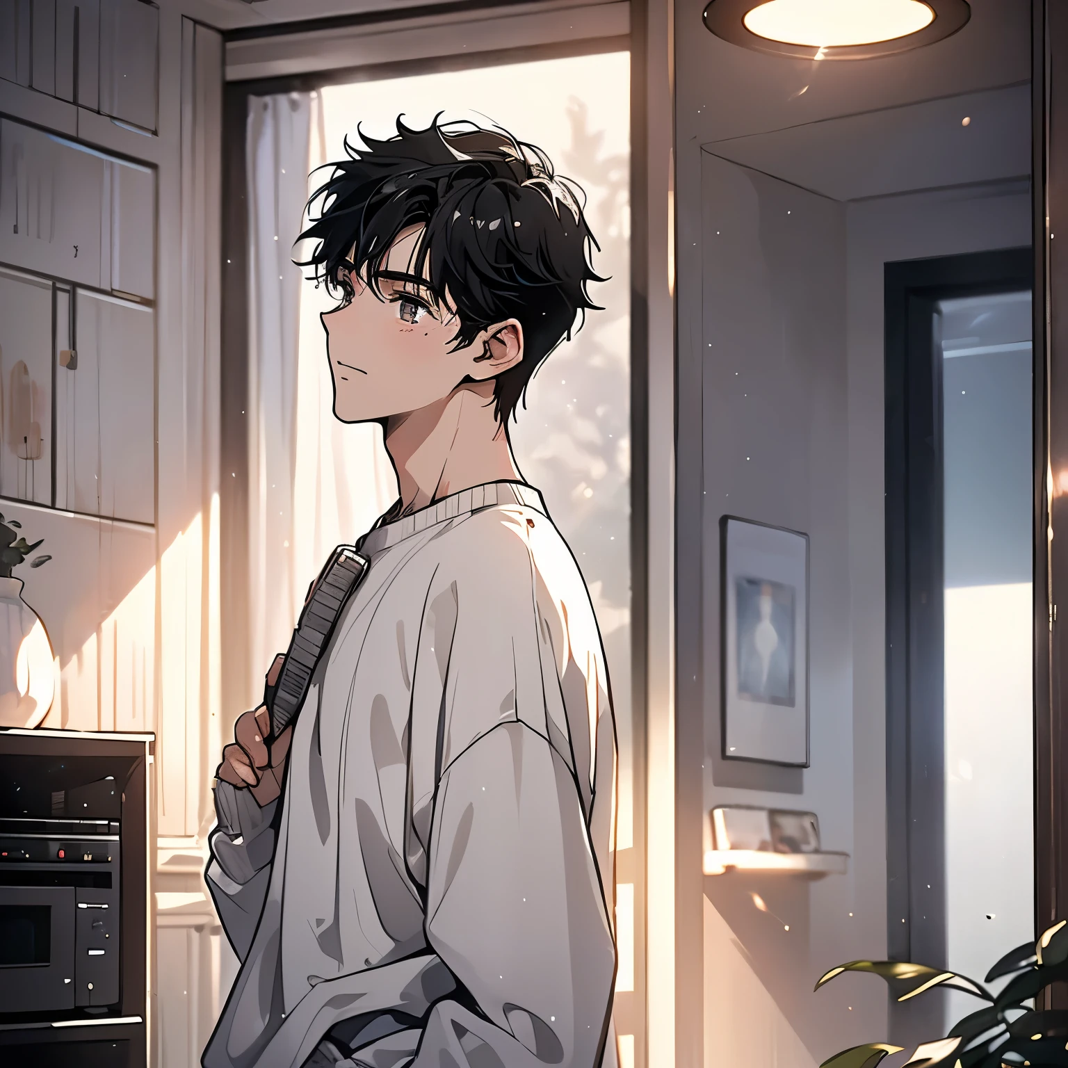 A black hair,18-year-old man in white sweater,Standing with my back to the living room of the house,,Sad expression,Laugh and cry,Tears(Upper body display:1.5)(cinematic lighting:1.5))(ultra-high detail:1.5)(best quality:1.5)