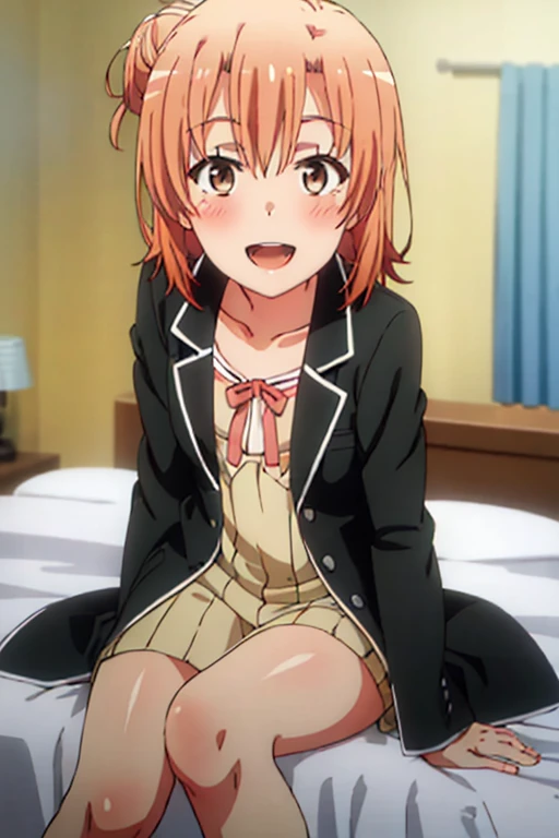 ((highest quality)), ((masterpiece)), (be familiar with), Perfect Face, indoor, Bedroom, Watching the audience,
One woman, Yuigahama Yui,
Open Mouth, Ecstatic expression, blush, smile,
Small breasts, Flat Chest, Young Girl, , , Girl,
Short Hair, Salmon-colored hair, Salmon-colored eyes, Side Pony,
Leg spread,