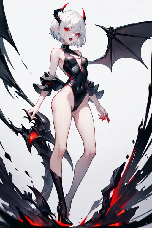 , short hair, white hair, very long black horns, red eyes, clothing in the form of a black one-piece swimsuit, defined and thin legs like a model, thin torso with a . black leather boots with high heels, open mouth with vampire fangs protruding and tongue sticking out, 2 black wings easily visible, back view, back view,