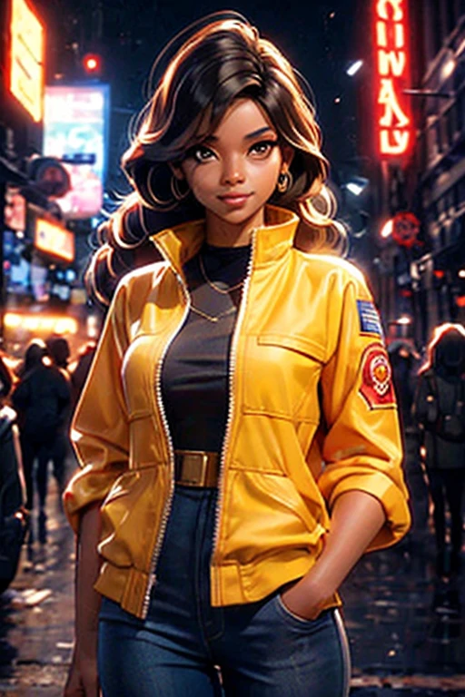 A woman in firefighter costume posing for a picture, A brown skin, cyber girl, pretty face, fire truck on the streets of new york city in the background, sparkling simple make up, hippie clothes, sparkling pictures, high quality pictures