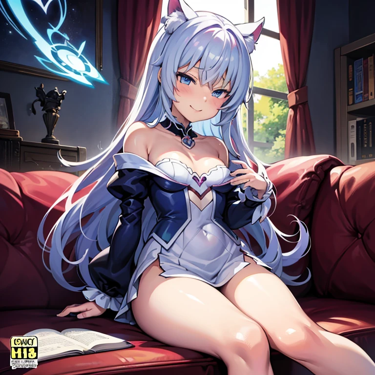 Cartoon character sitting on a sofa reading a book and looking at the camera, Epic light novel art cover, epic Light novel cover, Light novel cover, isekai, Artbook artwork, Naughty anime style, Visual novel cg, Visual novel key visual, Naughty, ; Visual novel, Alchemist Girl, Anime Girls, zerochan art, Visual novel