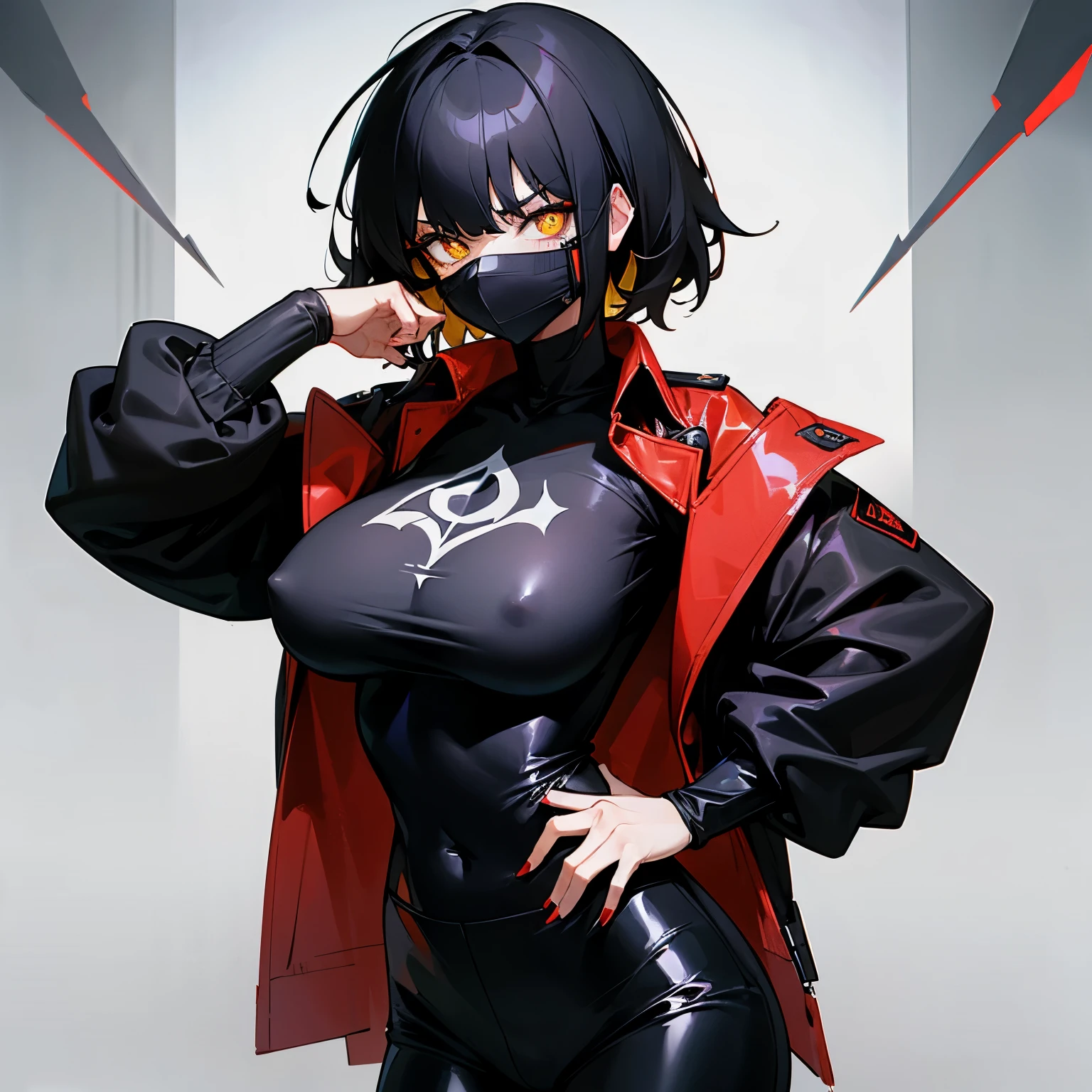 Girl with short, messy black hair with a large tuft on the right side with eyes with yellow pupils. She wears a black metal mask. She has an open red jacket that shows off her . She wears a fortune shirt inside that shows her  torso and He wears black latex pants and has a serious look.