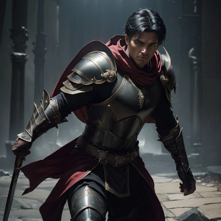 (master piece:1.5), (best quality:1.5), (exquisite lighting and shadow, highly dramatic picture, cinematic lens effect) (Photorealistic picture) (Card game image) 8k, wallpaper, dynamic pose, full body very short black hair male spartan warrior with black leather armor and red cape, wood long spear, big shield, ethereal lighting, sharp focus, highly detailed, realistic, cinematic lighting, studio quality