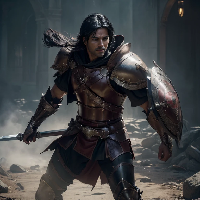 (master piece:1.5), (best quality:1.5), (exquisite lighting and shadow, highly dramatic picture, cinematic lens effect) (Photorealistic picture) (Card game image) 8k, wallpaper, dynamic pose, full body very short black hair male spartan warrior with black leather armor and red cape, wood long spear, big shield, ethereal lighting, sharp focus, highly detailed, realistic, cinematic lighting, studio quality
