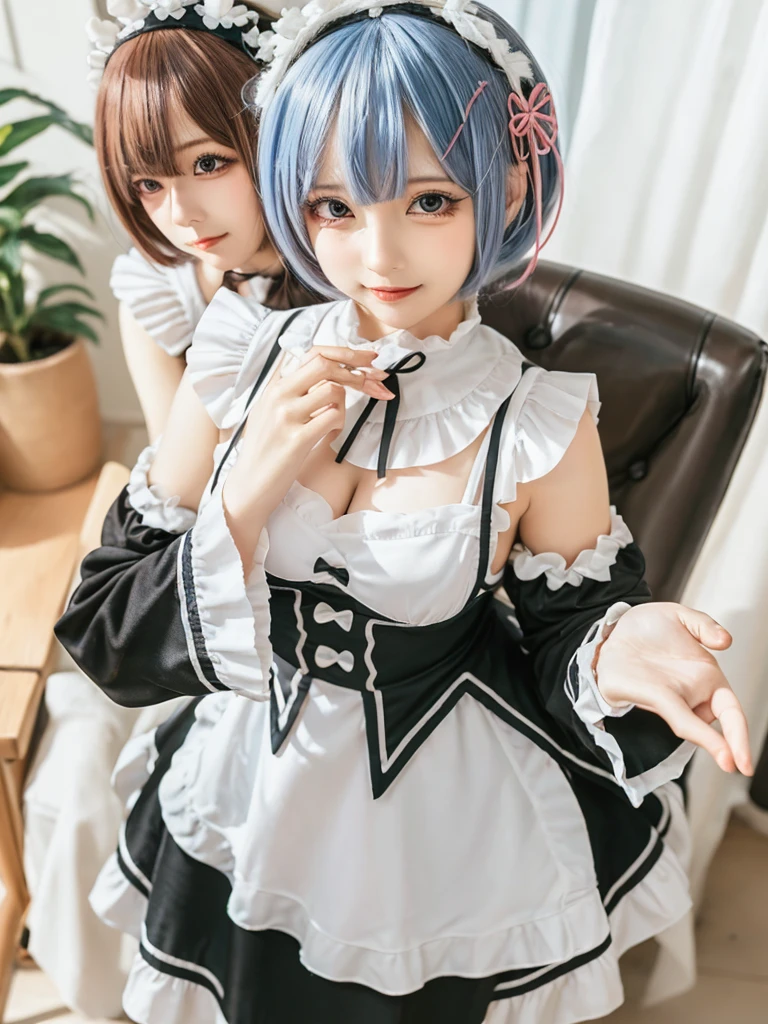 (8K, Photorealistic, Raw photo, of the highest quality: 1.3), (1girl in), Super beautiful, (Realistic face), (boyish, pink Color Berry Shorthair), Beautiful , Glare that captivates the viewer, Beautiful expression, Beautiful breasts, (Realistic skin), Be...Create a detailed and colorful image of Ram and Rem from Re:Zero, standing back-to-back in their maid outfits, with a magical fantasy background、14years old, two girls,cute, perfect face, beautiful, nice body, gothic ta clothes, gothic loliashion, frilly skirt, headdress, necklace, bracelet, knee-high socks, boots, double eyelids, tear bags, Detailed down to the fingers, photo-like description, indoors, dim indoor lighting, one girl is pink hair and short bob, another girl is light blue hair and short bob,standing,whole body, composition that shows the whole body, smiling,The Both of them are wearing the same type of maid outfit,Optimal ratio of 4 fingers and 1 thumb,arms crossed