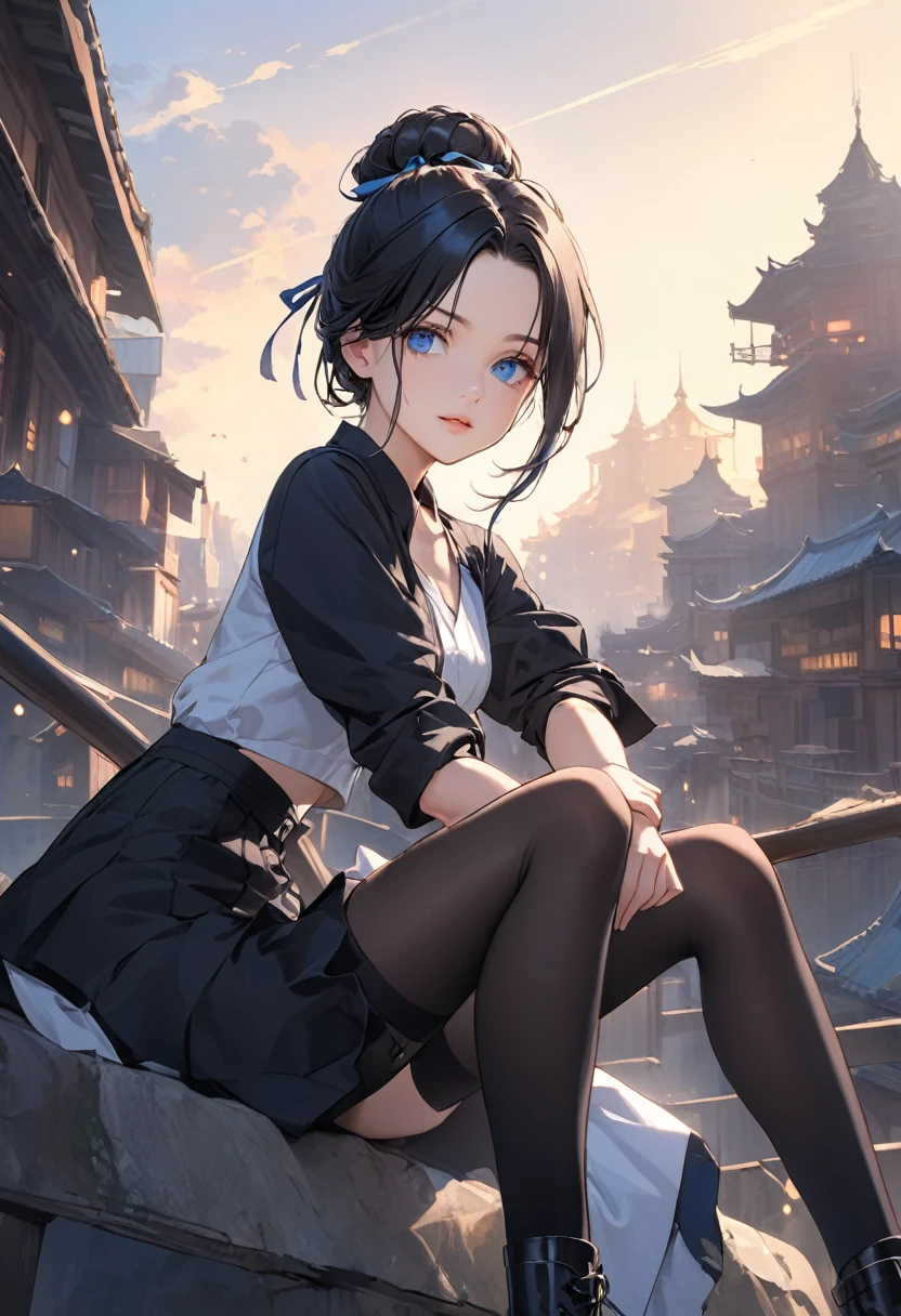 Black hair, two-sided updo, center-parted bangs, black ribbon, blue eyes, slim, knee-high socks